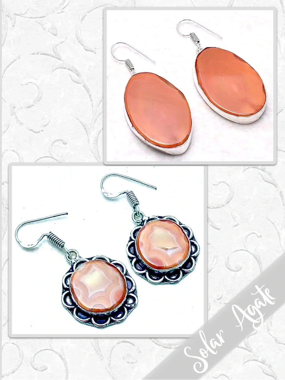 Solar Agate Eclectic Silver Drop Dangle Artisan Earrings (Orange)